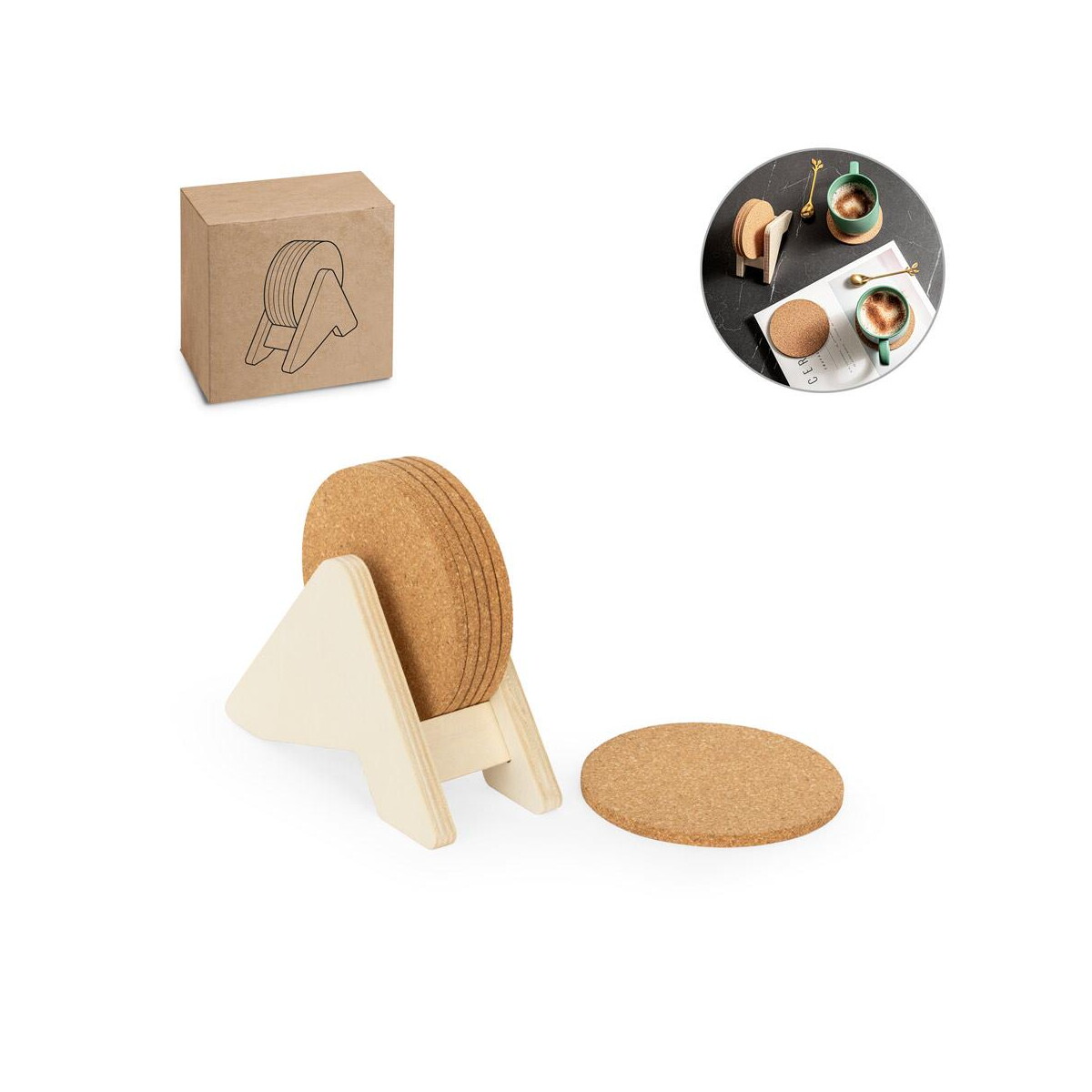 Artykuły do domu z logo – plycork. stojak ze sklejki z 6 korkowymi podstawkami 94368_set PLYCORK. Stojak ze sklejki z 6 korkowymi podstawkami 94368_set
