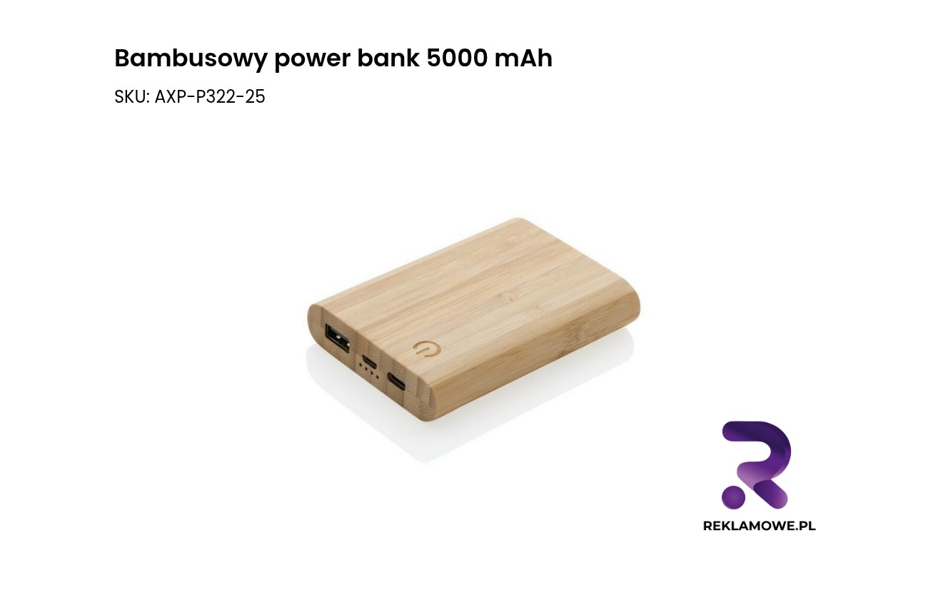 Bambusowy power bank 5000 mAh Bambusowy power bank 5000 mAh – ekologiczny przenośny akumulator do ładowania urządzeń