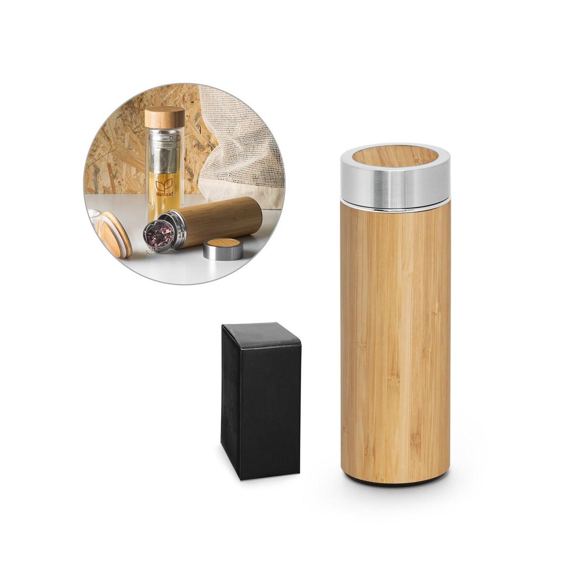 Butelki z logo – naturel. butelka termiczna z bambusa i stali nierdzewnej (90% z recyklingu) 430 ml 94683_set NATUREL. Butelka termiczna z bambusa i stali nierdzewnej (90% z recyklingu) 430 ml 94683_set