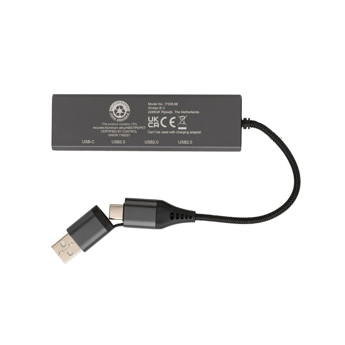 Huby usb z logo – hub usb 2.0 z usb c, aluminium z recyklingu P308.682__B_4 Hub USB 2.0 z USB C, aluminium z recyklingu P308.682__B_4