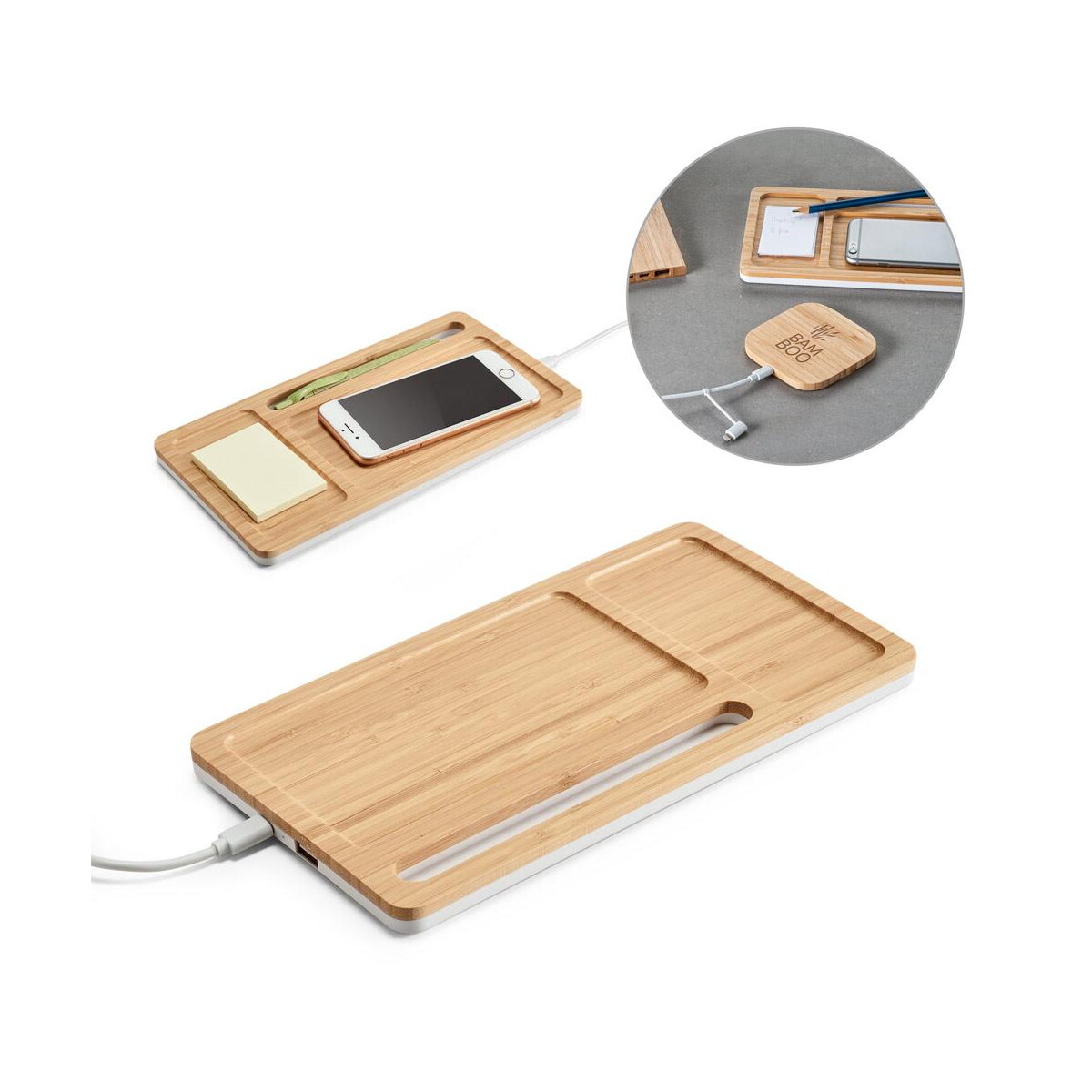 Huby usb z logo – mott. organizer na biurko z ładowarką bezprzewodową 15w z bambusa i abs 97911_set MOTT. Organizer na biurko z ładowarką bezprzewodową 15W z bambusa i ABS 97911_set