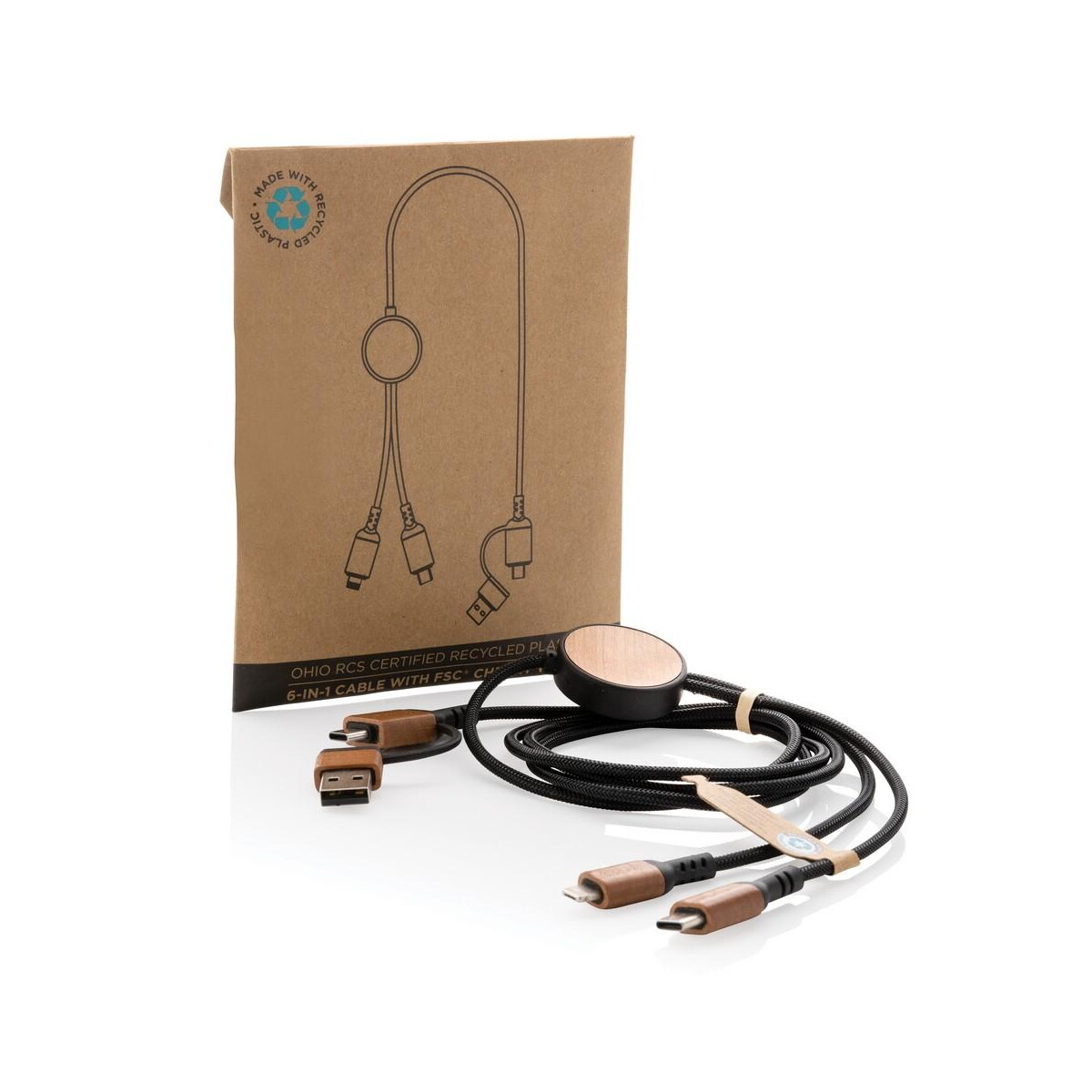 Kable usb z logo – kabel do ładowania 6 w 1 ohio, plastik z recyklingu P302.861__P_500 Kabel do ładowania 6 w 1 Ohio, plastik z recyklingu P302.861__P_500