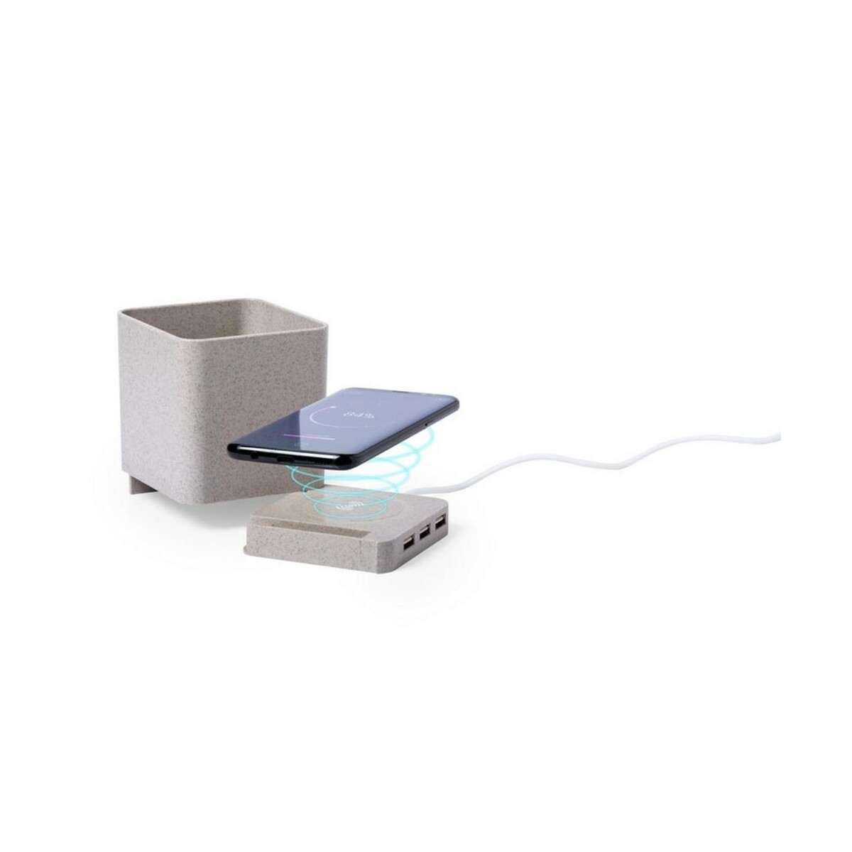 Ładowarki z logo – ładowarka bezprzewodowa 5w ze słomy pszenicznej, hub usb 2.0, pojemnik na przybory do pisania, stojak na telefon V0116-00_AAA01 Ładowarka bezprzewodowa 5W ze słomy pszenicznej, hub USB 2.0, pojemnik na przybory do pisania, stojak na telefon V0116-00_AAA01