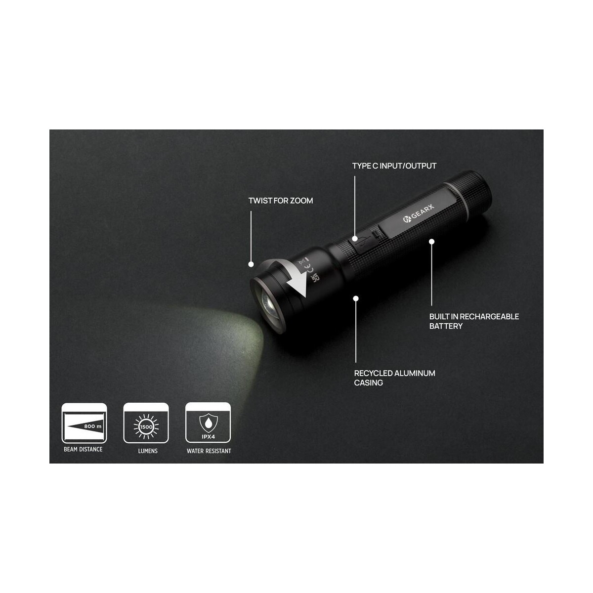 Latarki z logo – duża latarka gear x, ładowana przez usb, aluminium z recyklingu P513.931__B_11 Duża latarka Gear X, ładowana przez USB, aluminium z recyklingu P513.931__B_11