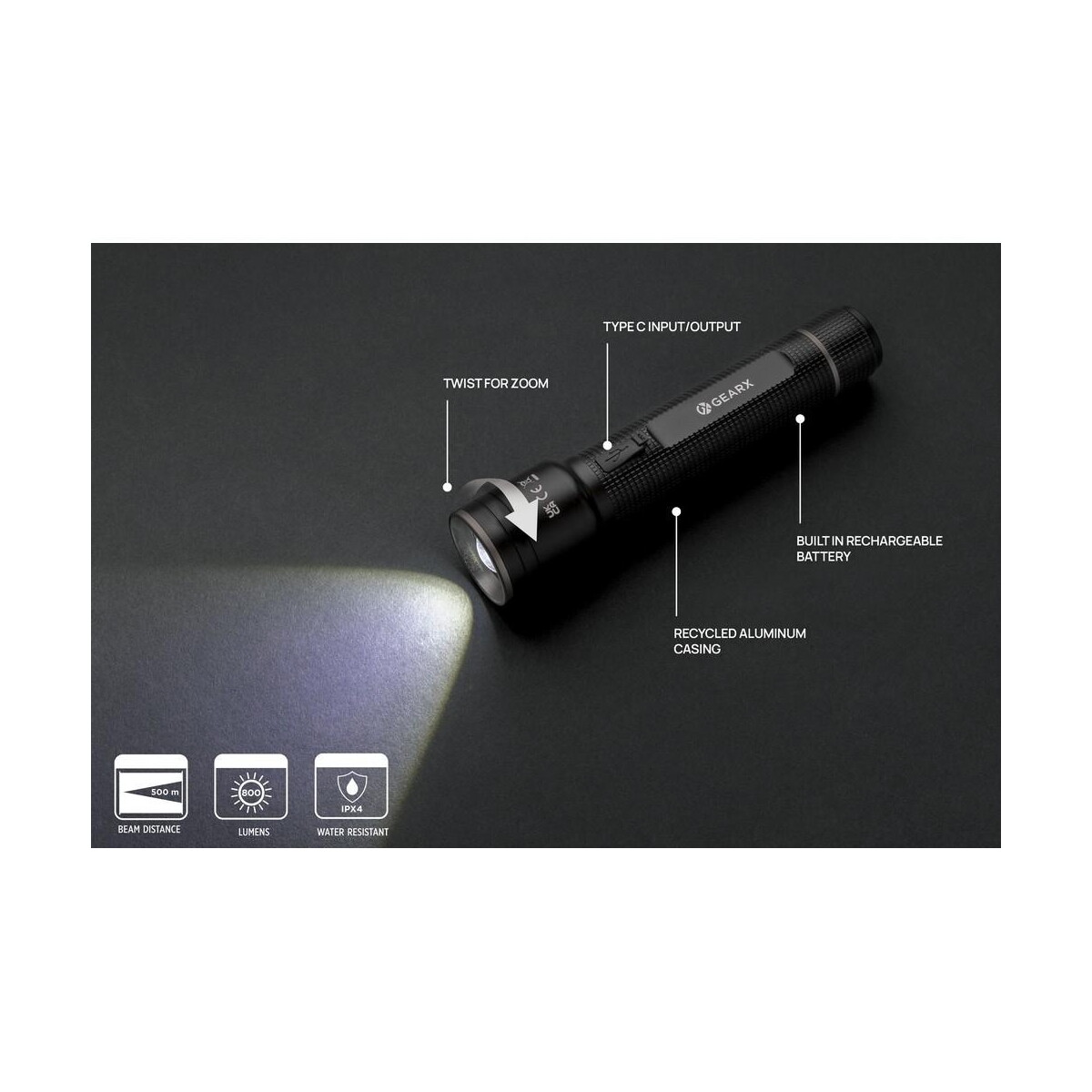Latarki z logo – latarka gear x, ładowana przez usb, aluminium z recyklingu P513.921__B_9 Latarka Gear X, ładowana przez USB, aluminium z recyklingu P513.921__B_9