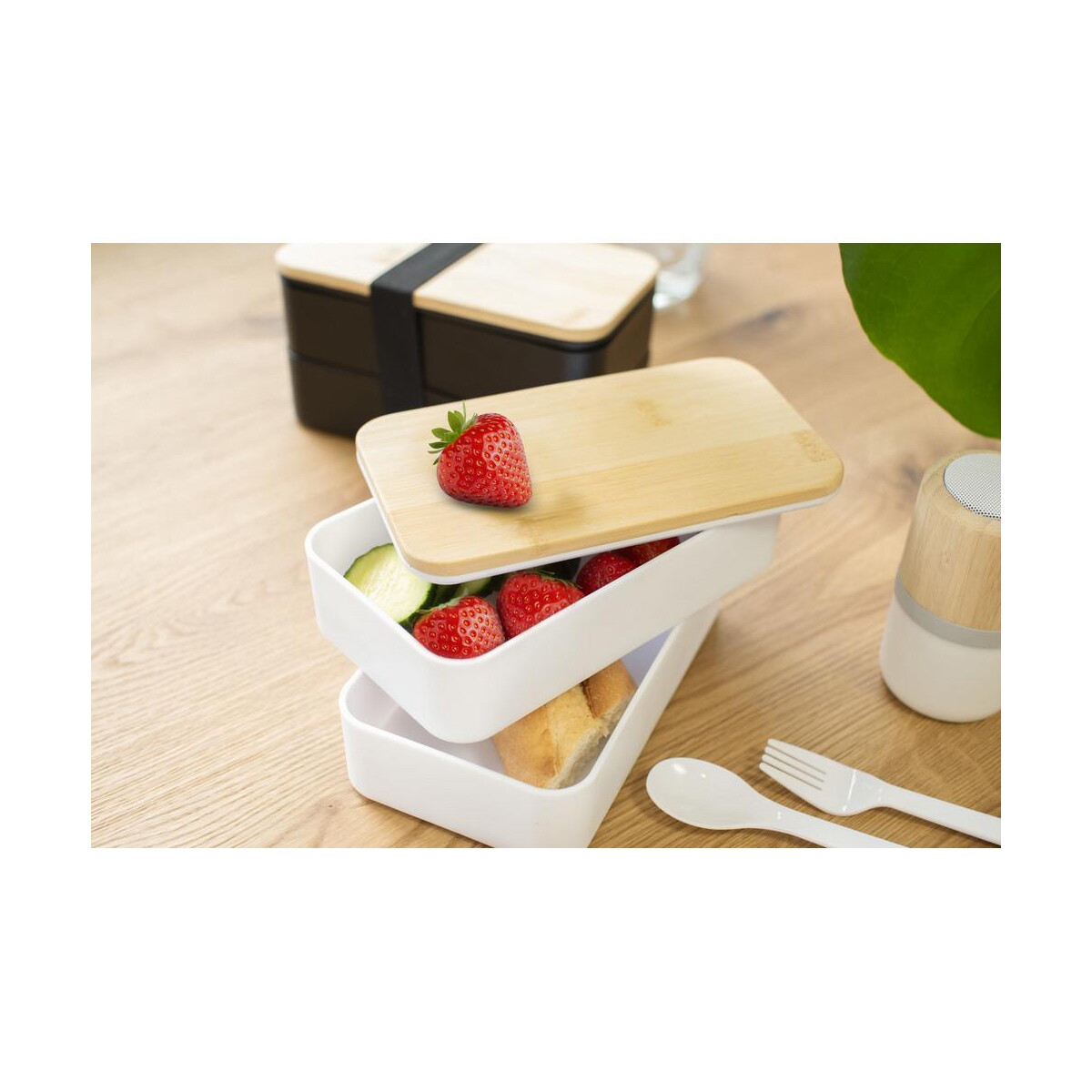 Lunchboxy z logo – pudełka śniadaniowe 2 w 1, 2×400 ml, bambusowe wieczko, sztućce V1215_C Pudełka śniadaniowe 2 w 1, 2x400 ml, bambusowe wieczko, sztućce V1215_C