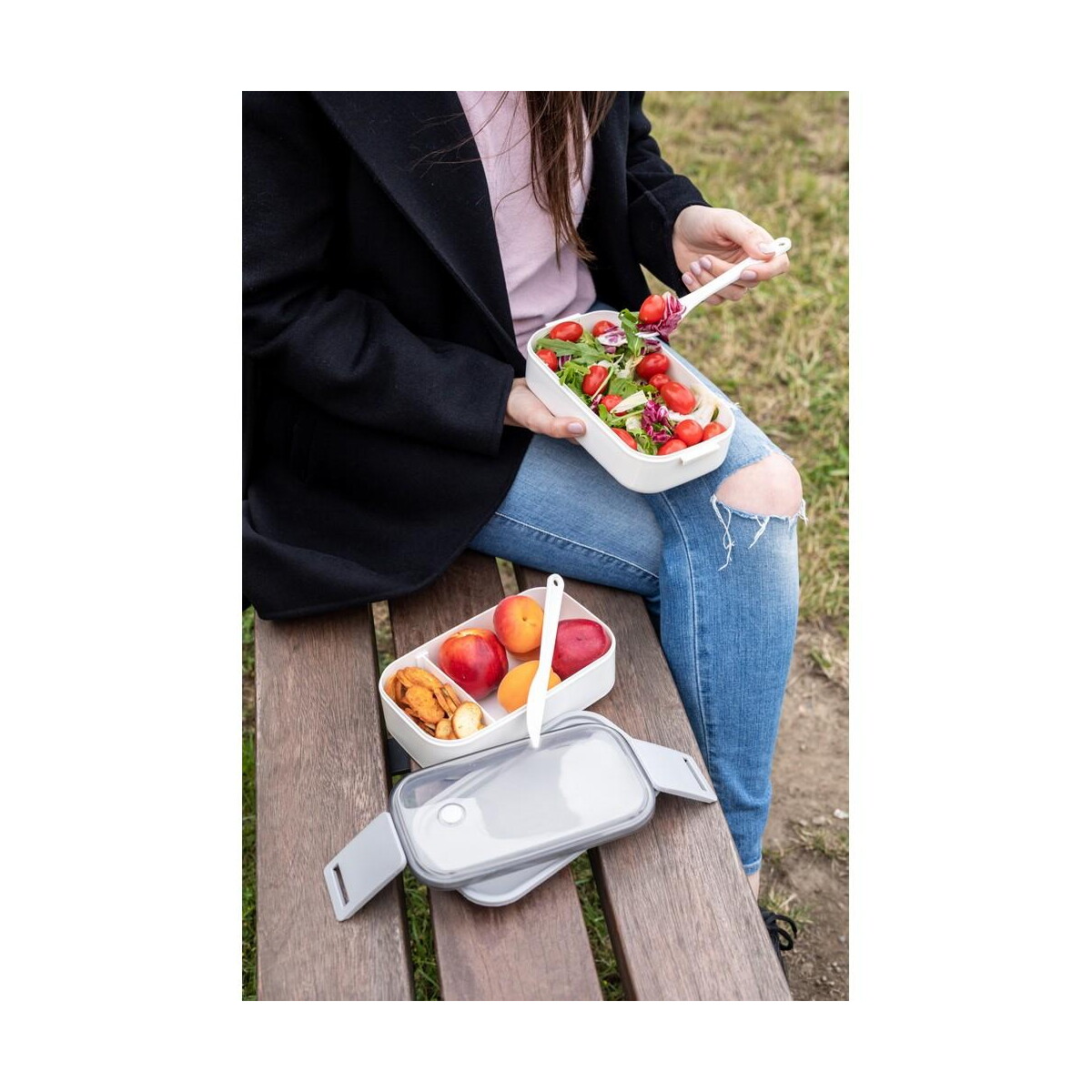 Lunchboxy z logo – pudełka śniadaniowe 2 w 1, 2×700 ml, sztućce | cash V7246_A Pudełka śniadaniowe 2 w 1, 2x700 ml, sztućce | Cash V7246_A
