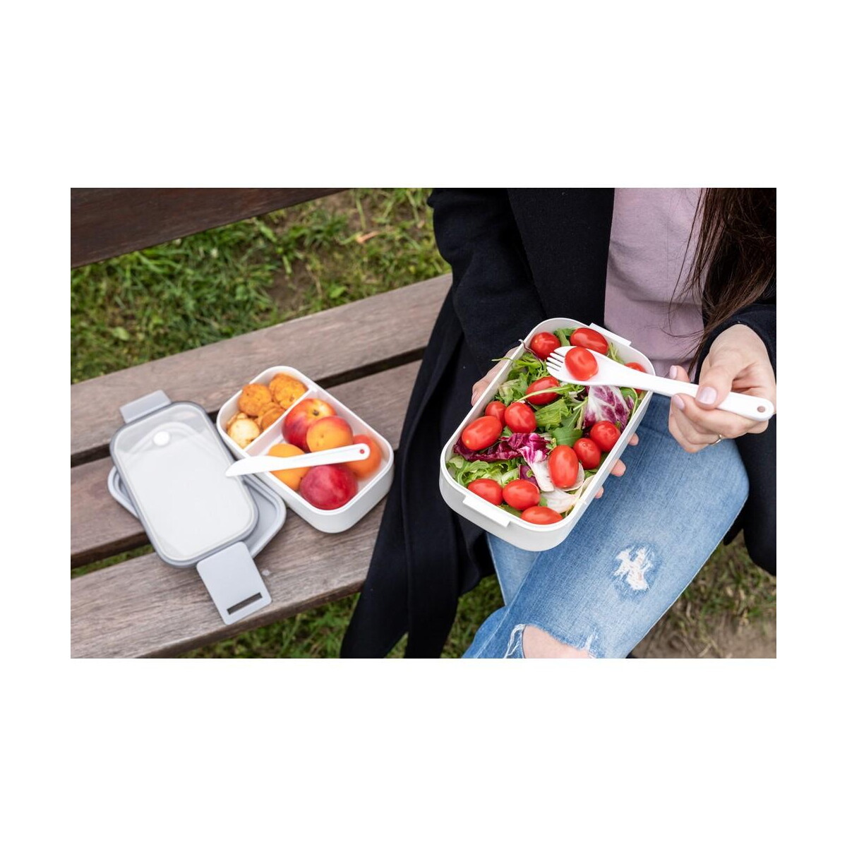 Lunchboxy z logo – pudełka śniadaniowe 2 w 1, 2×700 ml, sztućce | cash V7246_B Pudełka śniadaniowe 2 w 1, 2x700 ml, sztućce | Cash V7246_B
