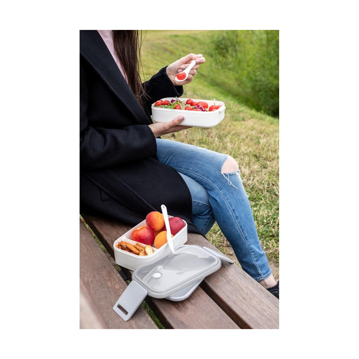 Lunchboxy z logo – pudełka śniadaniowe 2 w 1, 2×700 ml, sztućce | cash V7246_C Pudełka śniadaniowe 2 w 1, 2x700 ml, sztućce | Cash V7246_C