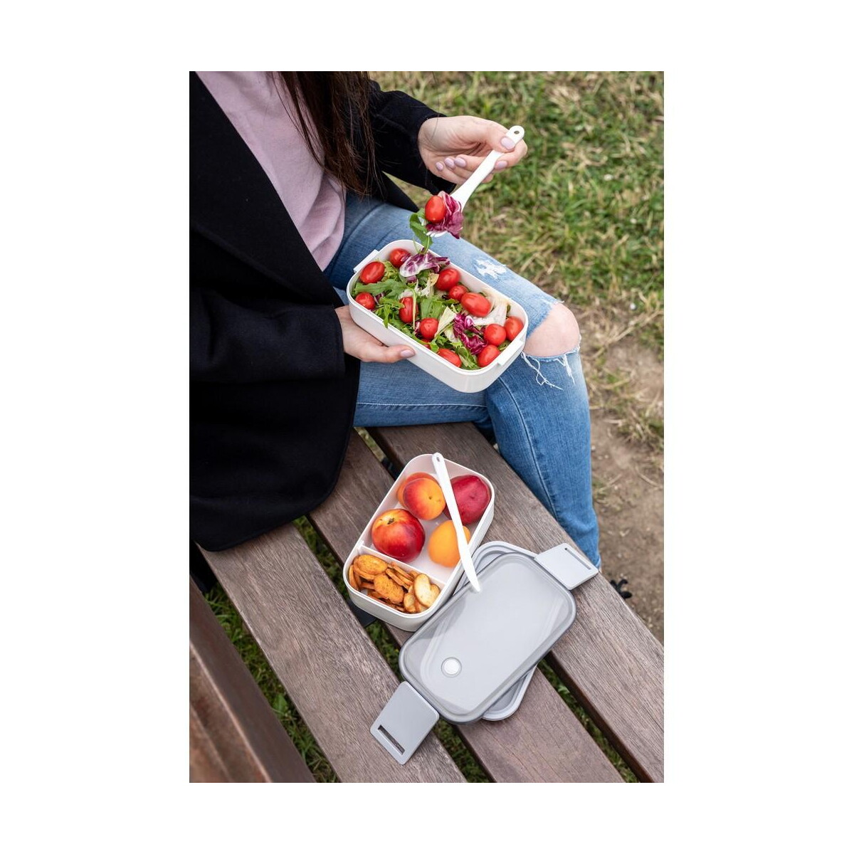 Lunchboxy z logo – pudełka śniadaniowe 2 w 1, 2×700 ml, sztućce | cash V7246_D Pudełka śniadaniowe 2 w 1, 2x700 ml, sztućce | Cash V7246_D