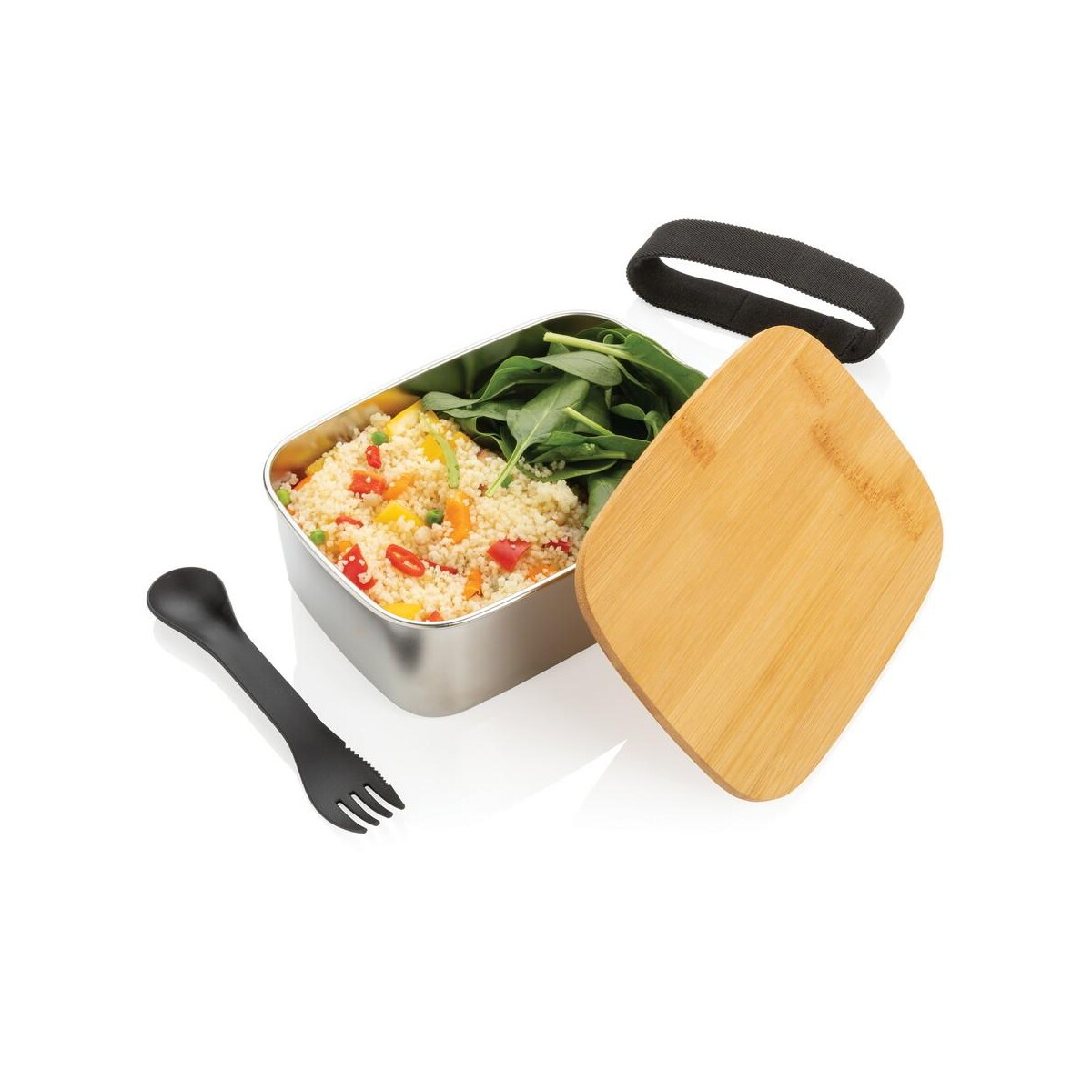 Lunchboxy z logo – pudełko śniadaniowe z bambusowym wieczkiem, łyżkowidelec P269.622__B_2 Pudełko śniadaniowe z bambusowym wieczkiem, łyżkowidelec P269.622__B_2