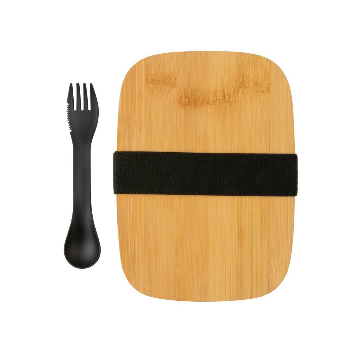 Lunchboxy z logo – pudełko śniadaniowe z bambusowym wieczkiem, łyżkowidelec P269.622__B_3 Pudełko śniadaniowe z bambusowym wieczkiem, łyżkowidelec P269.622__B_3