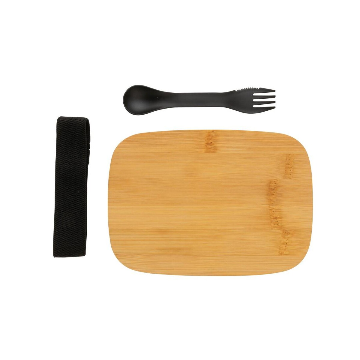 Lunchboxy z logo – pudełko śniadaniowe z bambusowym wieczkiem, łyżkowidelec P269.622__B_4 Pudełko śniadaniowe z bambusowym wieczkiem, łyżkowidelec P269.622__B_4