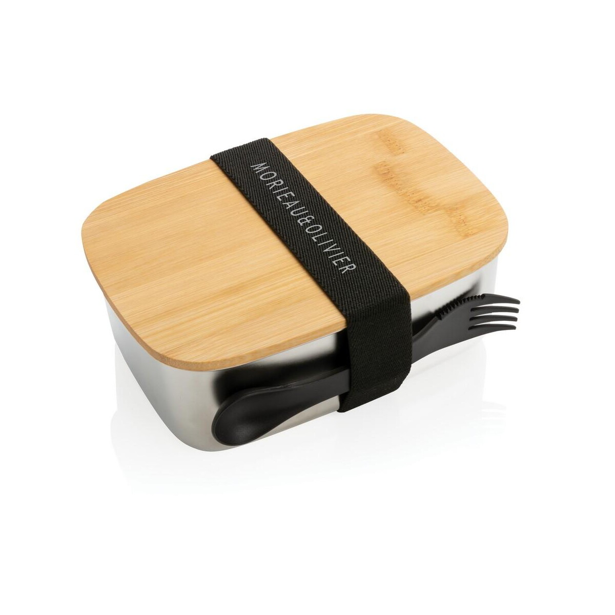 Lunchboxy z logo – pudełko śniadaniowe z bambusowym wieczkiem, łyżkowidelec P269.622__D_100 Pudełko śniadaniowe z bambusowym wieczkiem, łyżkowidelec P269.622__D_100
