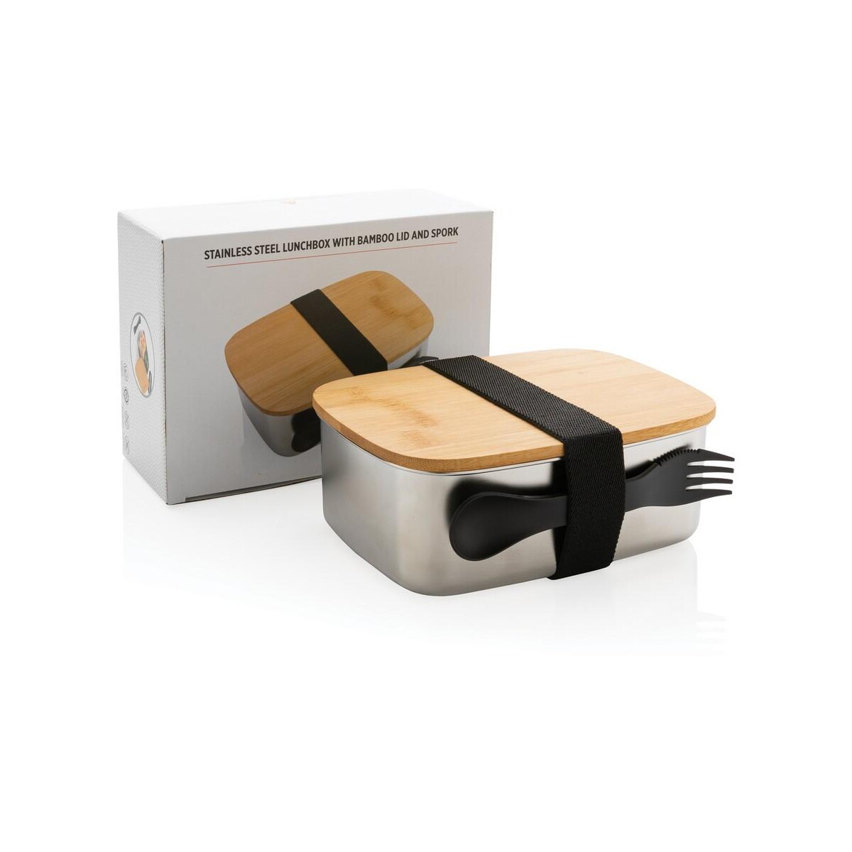Lunchboxy z logo – pudełko śniadaniowe z bambusowym wieczkiem, łyżkowidelec P269.622__P_500 Pudełko śniadaniowe z bambusowym wieczkiem, łyżkowidelec P269.622__P_500