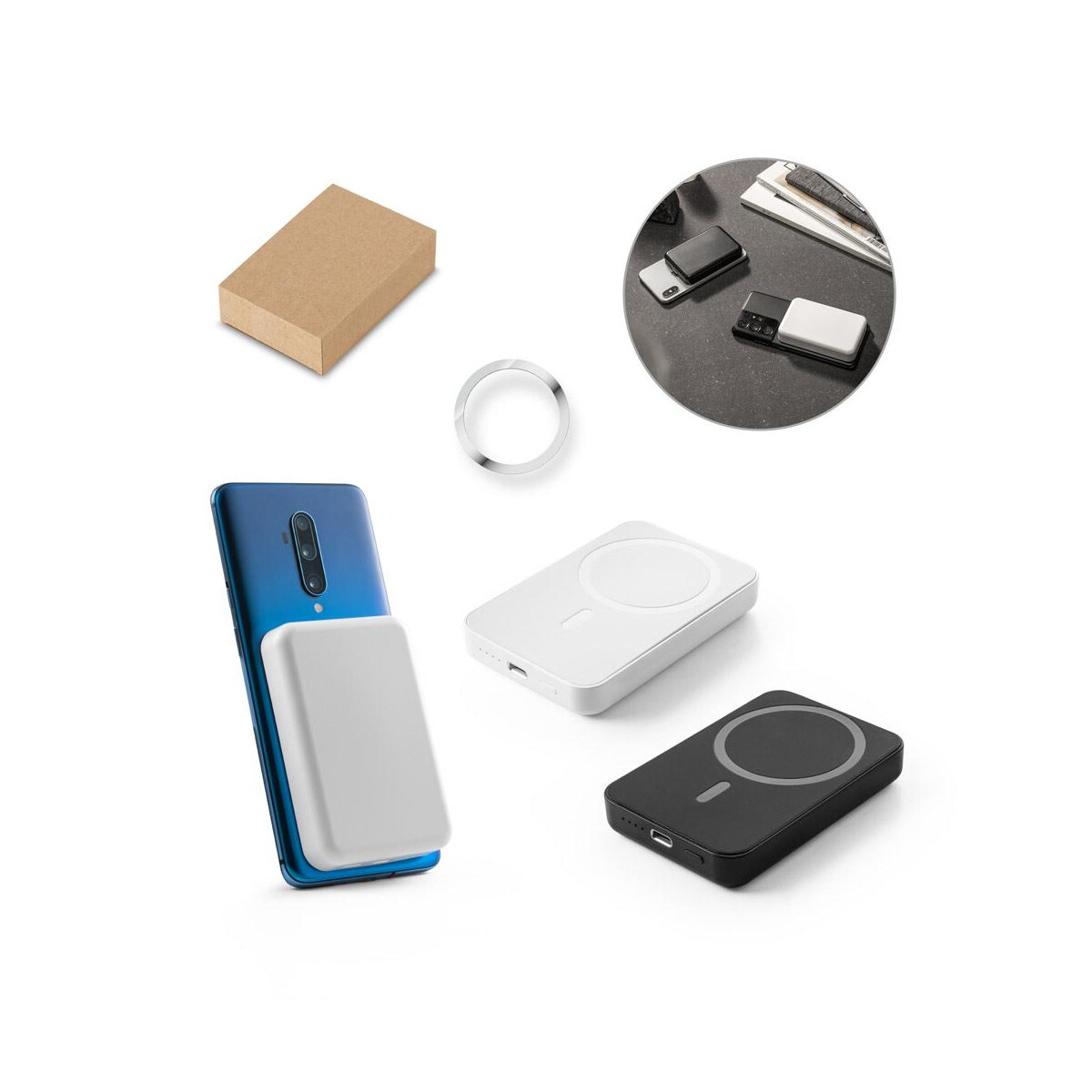 AMPERE 5. Magnetyczny power bank 5 000 mAh z superszybką ładowarką bezprzewodową 15 W wykonany w ABS pochodzącego z recyklingu (100% rABS) 97166_set