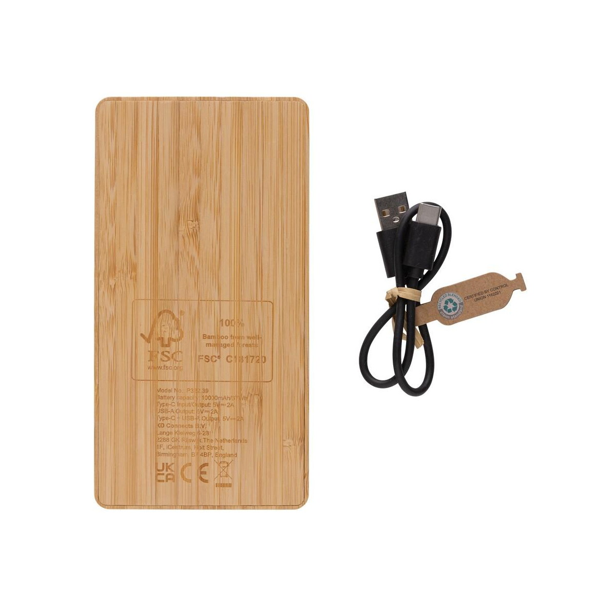 Powerbanki z logo – bambusowy power bank 10000 mah, ładowarka słoneczna P322.399__B_5 Bambusowy power bank 10000 mAh, ładowarka słoneczna P322.399__B_5
