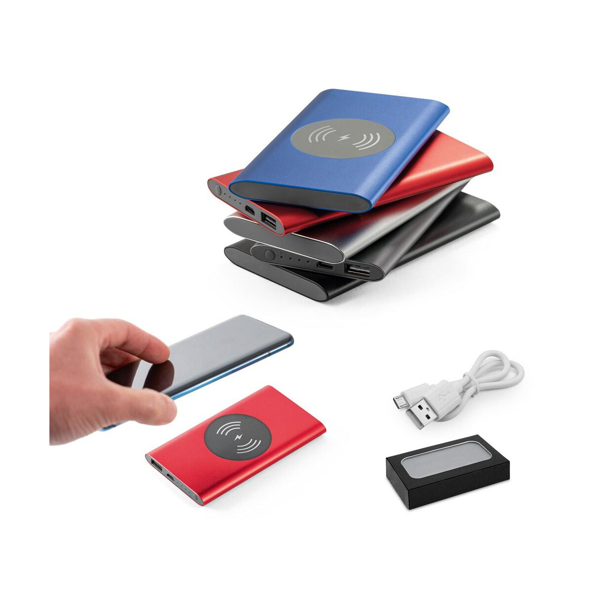 Powerbanki z logo – cassini. power bank 4.000 mah z bezprzewodową ładowarką 5w z aluminium pochodzącego z recyklingu (100% ral) 97078_set CASSINI. Power bank 4.000 mAh z bezprzewodową ładowarką 5W z aluminium pochodzącego z recyklingu (100% rAL) 97078_set