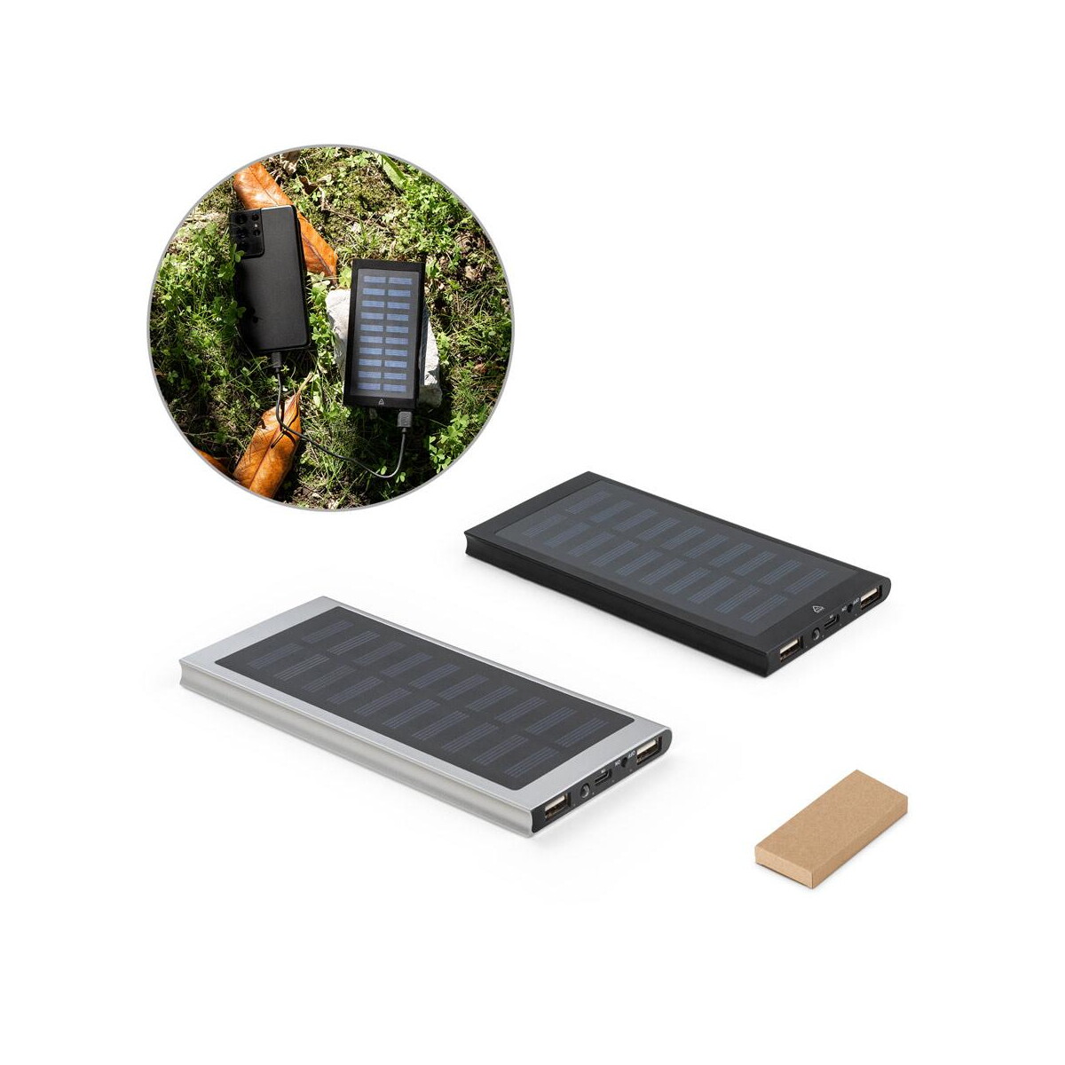 Powerbanki z logo – clerk. power bank 8 000 mah z panelem słonecznym z aluminium pochodzącego w 100% z recyklingu 97137_set CLERK. Power bank 8 000 mAh z panelem słonecznym z aluminium pochodzącego w 100% z recyklingu 97137_set