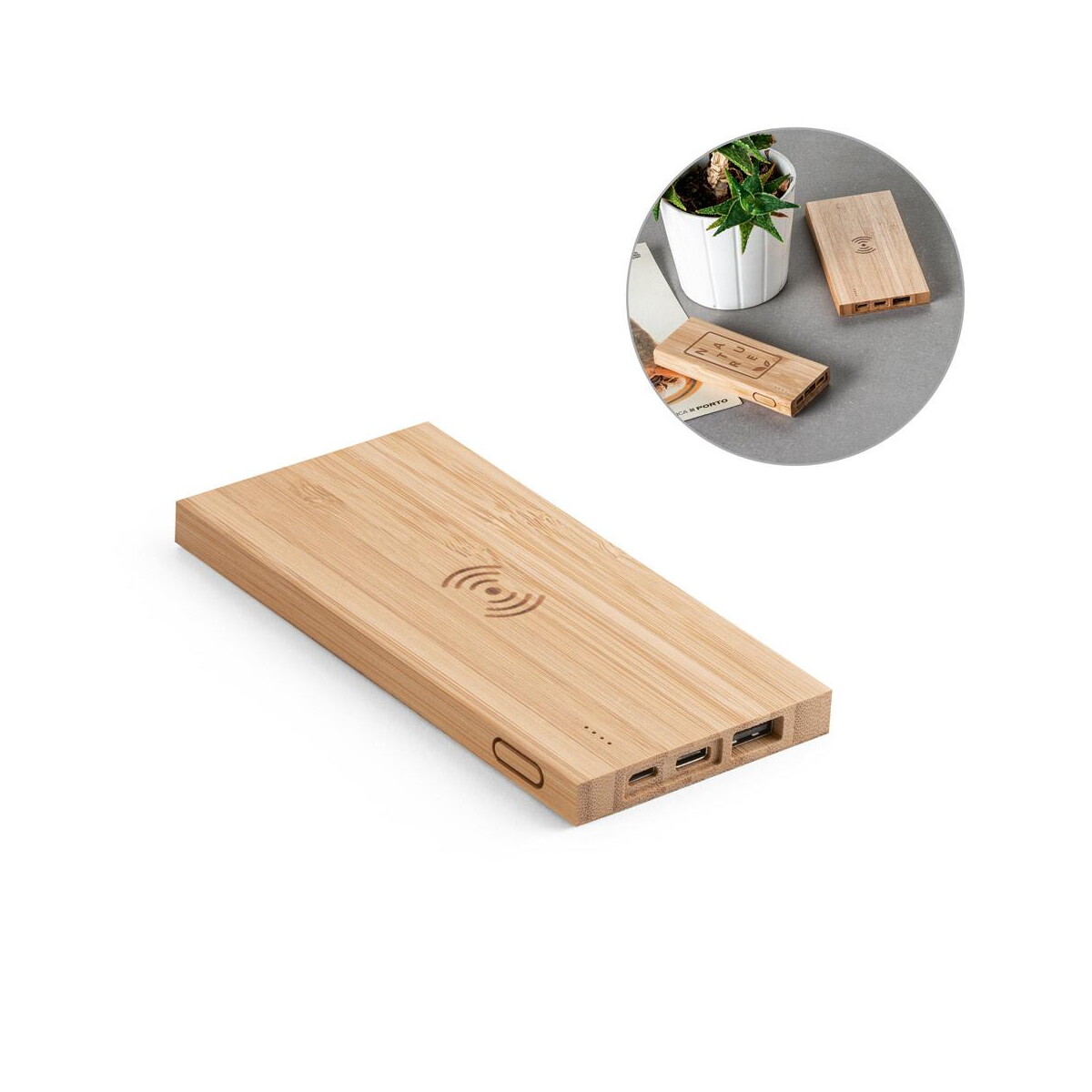 Najpopularniejsze gadżety reklamowe w 2026 roku — ranking oparty na realnych zamówieniach 11 FITCH. Power bank 5.000 mAh z bezprzewodową ładowarką 5W z bambusową 97909_set