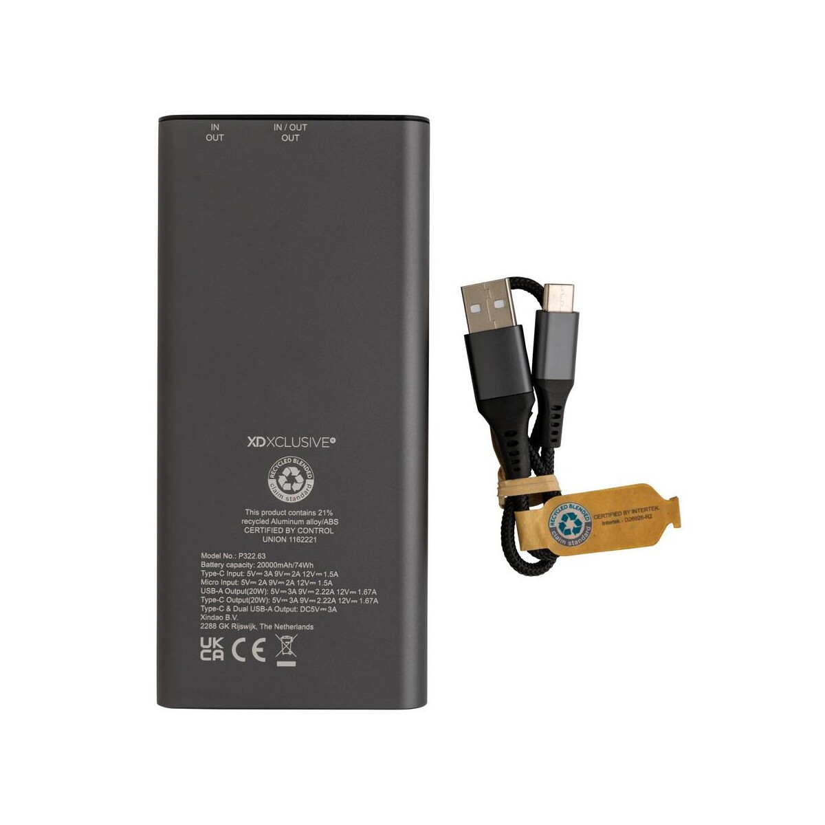 Powerbanki z logo – power bank 20000 mah terra, aluminium z recyklingu P322.632__B_5 Power bank 20000 mAh Terra, aluminium z recyklingu P322.632__B_5