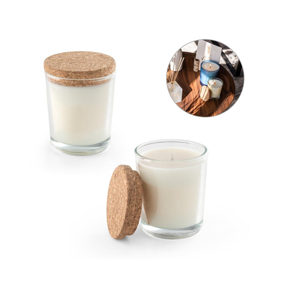 ZEN 80. Aromatyczna świeca w szklanym kubku z korkową pokrywką 80 g 95077_set