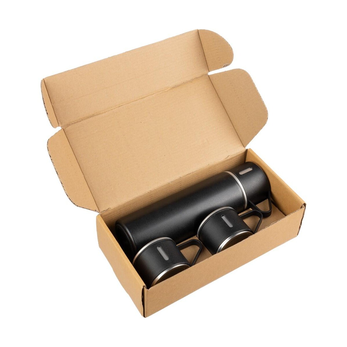 Termosy z logo – termos 420 ml, trzy kubki 150 ml VA195-03_AAA03 Termos 420 ml, trzy kubki 150 ml VA195-03_AAA03