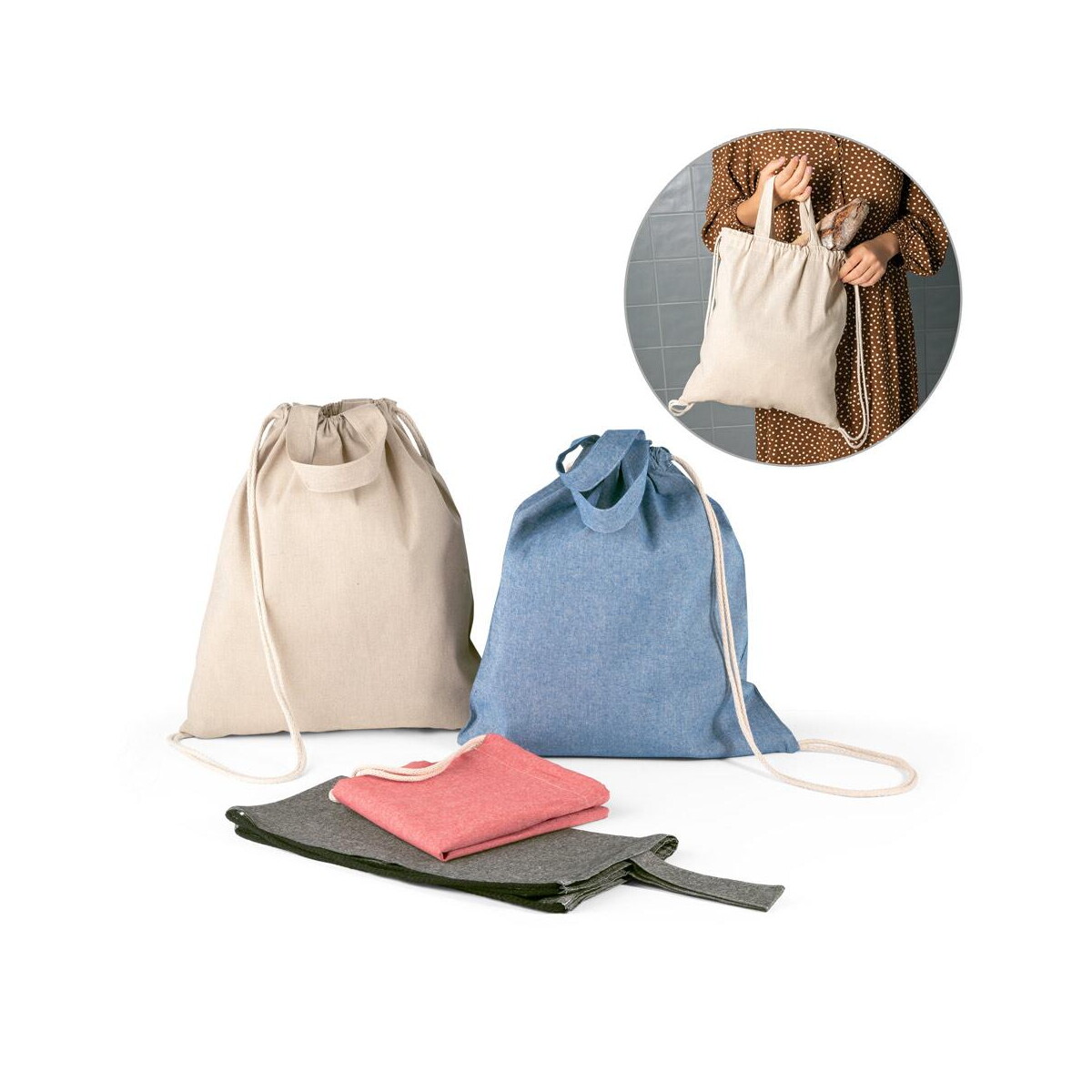 Torby bawełniane z logo – rissani. worek zawierający bawełnę z recyklingu (70%) i poliester (30% rpet) (140 g/m²) 92936_set RISSANI. Worek zawierający bawełnę z recyklingu (70%) i poliester (30% rPET) (140 g/m²) 92936_set
