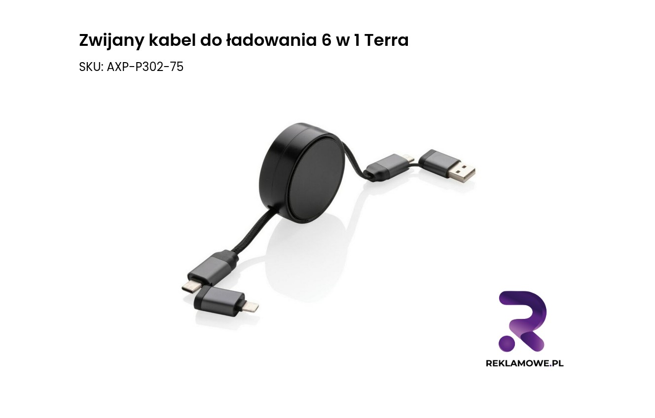 Zwijany kabel do ładowania 6 w 1 Terra Zwijany kabel do ładowania 6 w 1 Terra – kompaktowy kabel USB do szybkiego ładowania urządzeń